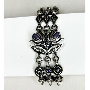 Silver Toned Metal Lapis Jade Cabochons 7" Triple Chain Bracelet Unmarked